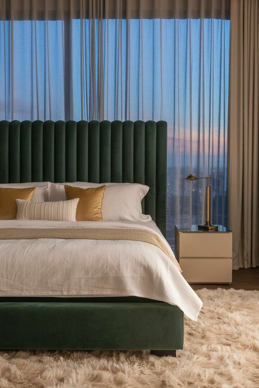 Contemporary bedroom with emerald headboard, city views, and cream shag rug