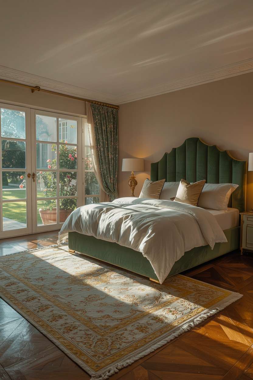 Peaceful bedroom with emerald velvet headboard, Persian rug, and blooming rose garden views