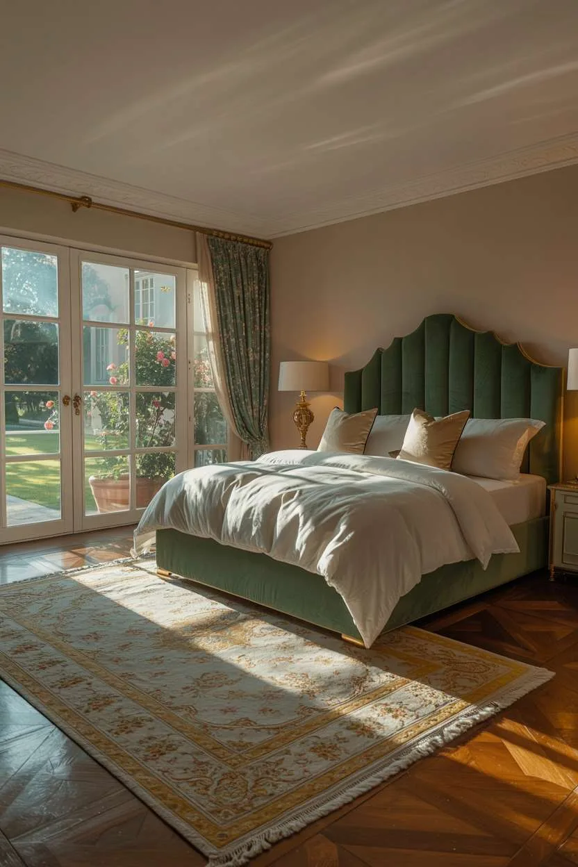 Peaceful bedroom with emerald velvet headboard, Persian rug, and blooming rose garden views