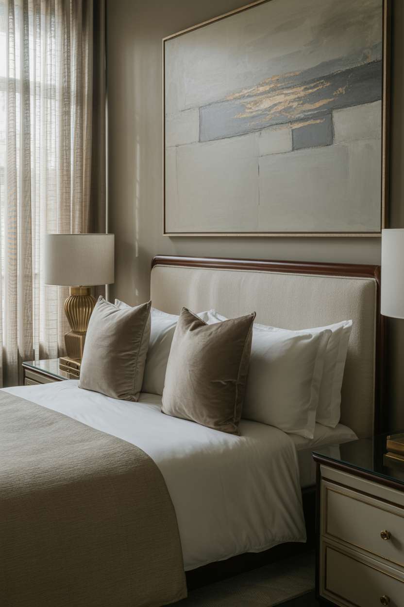 Luxurious bedroom with dark mahogany headboard, oversized silk pillows, and abstract gold artwork