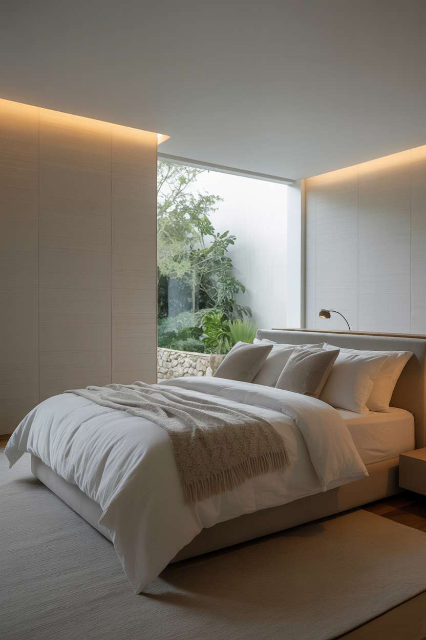 Minimalist bedroom with pale gray walls, textured wallpaper, and tranquil garden pathway views