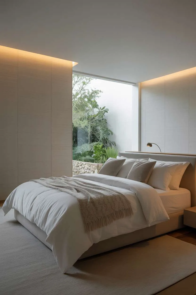 Minimalist bedroom with pale gray walls, textured wallpaper, and tranquil garden pathway views