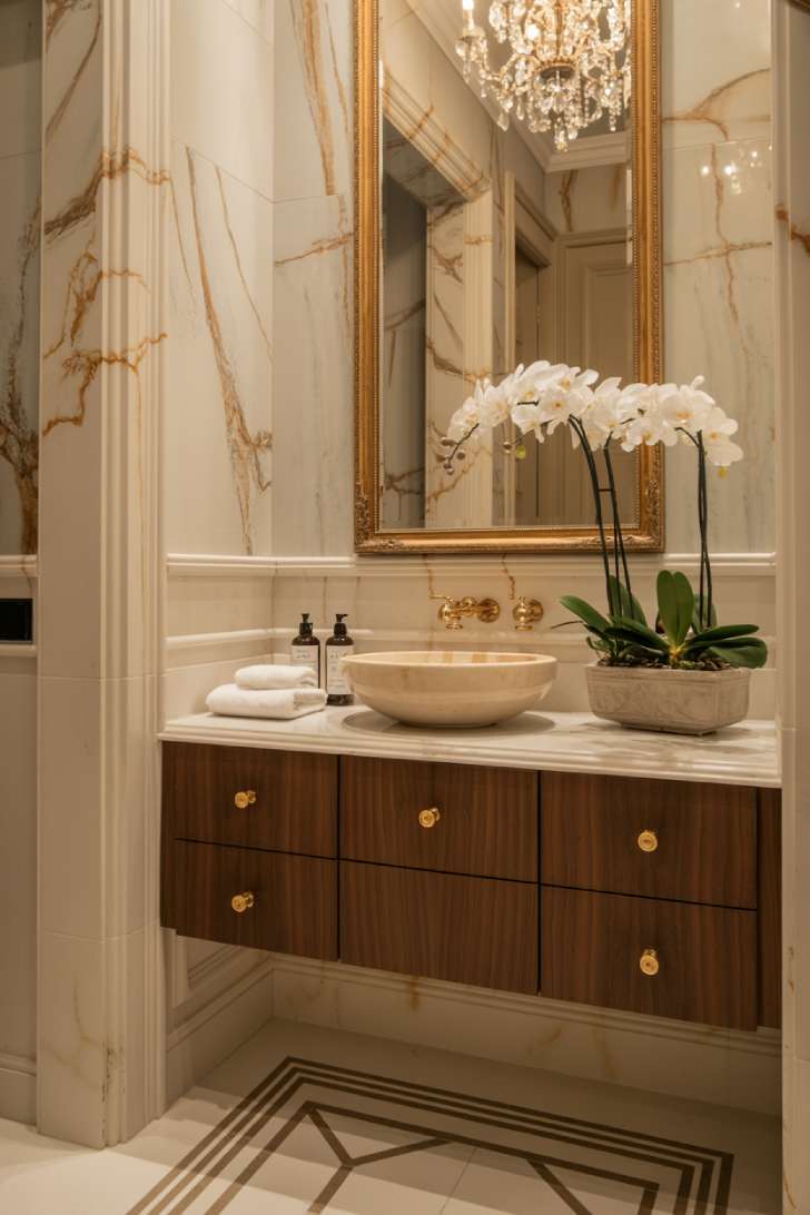 Elegant powder room featuring cream marble walls with gold veining, dark walnut floating vanity, brass fixtures, vessel sink, ornate gold-framed mirror, crystal chandelier, and geometric tile flooring