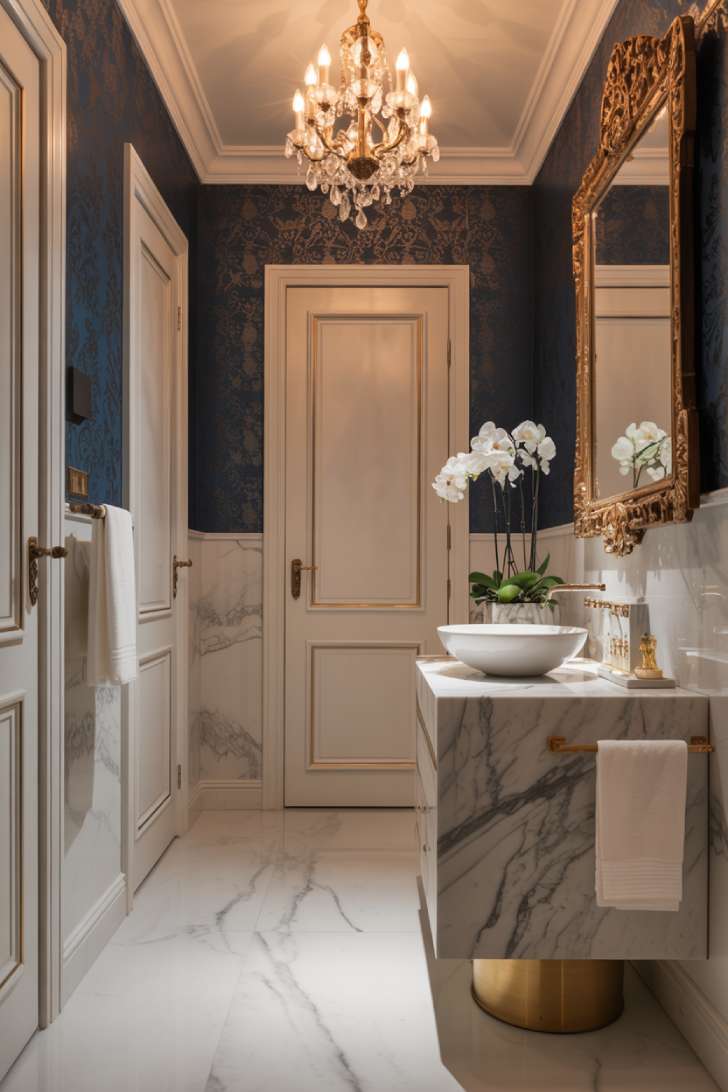 Luxurious powder room with gray and white marble vanity, brass fixtures, navy blue damask wallpaper, crystal chandelier, polished marble flooring, and white orchid accents