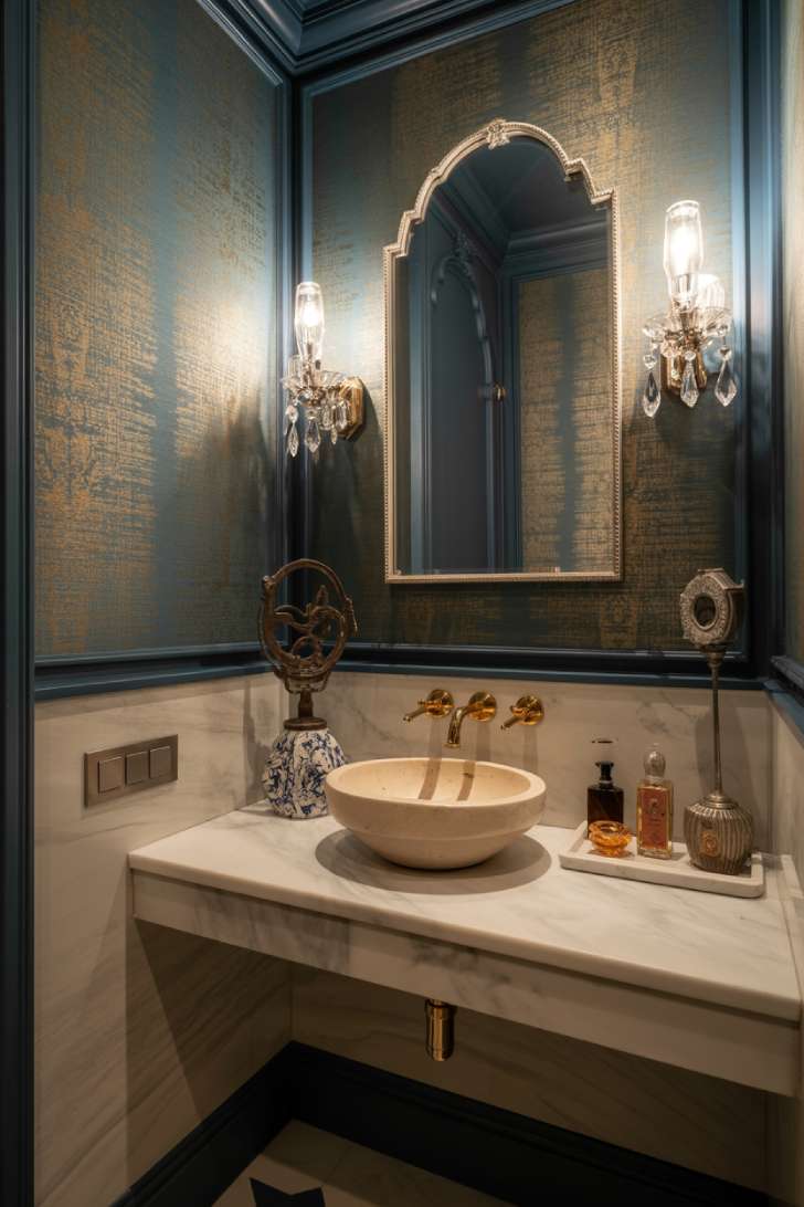 Sophisticated powder room featuring floating vanity with vessel sink, ornate decorative mirror, navy or emerald wallpaper with metallic accents, crystal chandelier, brass fixtures, and curated decorative objects