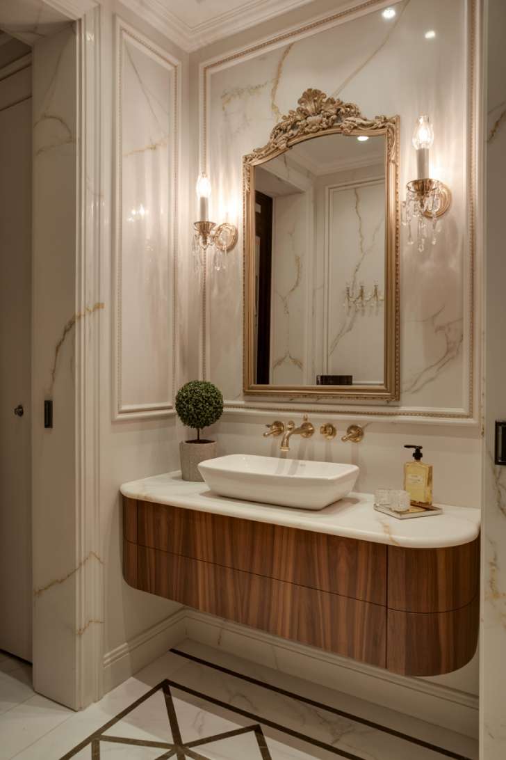 Elegant powder room with gold-veined marble walls, walnut floating vanity, white vessel sink, polished brass fixtures, antique gold mirror, crystal sconces, geometric marble inlay flooring, and refined accessories