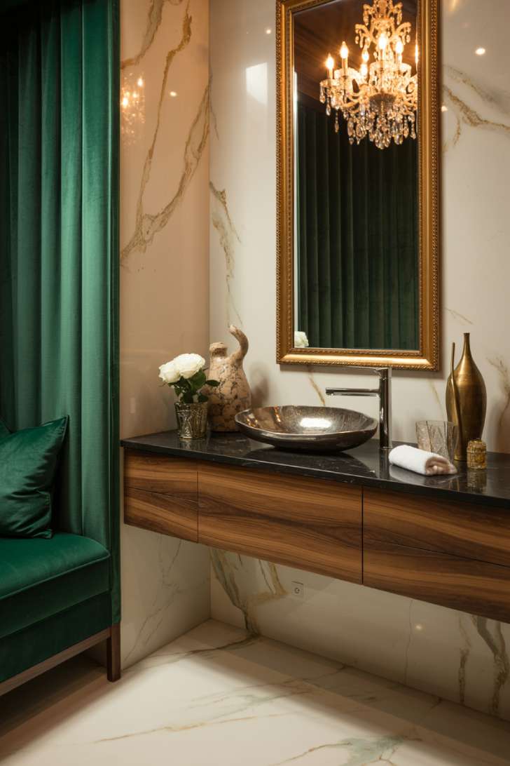 Sophisticated powder room featuring cream and gold marble walls, walnut floating vanity, polished black granite vessel sink, gold-framed mirror, crystal chandelier, emerald velvet seating, and decorative pottery