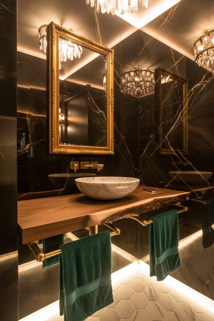 Dramatic powder room with deep charcoal gray marble walls featuring gold veining, live-edge walnut floating vanity, white Carrara marble vessel sink, gold-framed mirror, crystal chandelier, hexagonal herringbone marble floor, and emerald velvet towels