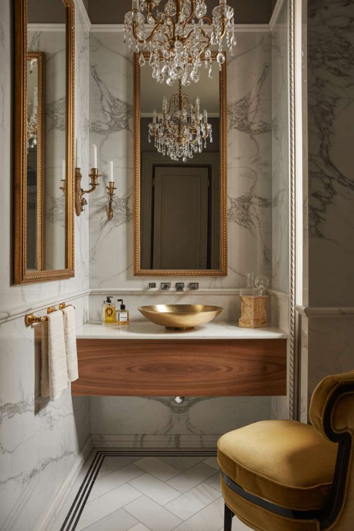 Opulent powder room with gray and white marble walls, brass vessel sink on walnut floating vanity, crystal chandelier, gold-framed mirrors, velvet seating, herringbone marble floor, and vintage accessories