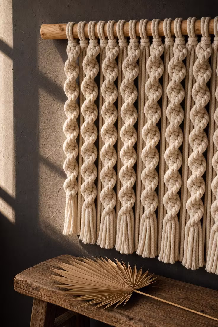 Close-up of a chunky cream cotton rope macrame wall hanging with spiral knot columns on a charcoal plaster wall in warm golden light.