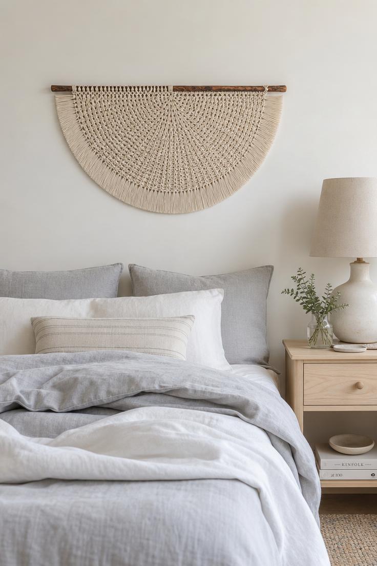 Eye-level view of a bleached jute half-moon macrame wall hanging on a cedar dowel above a bed with gray linen bedding in cool overcast light.