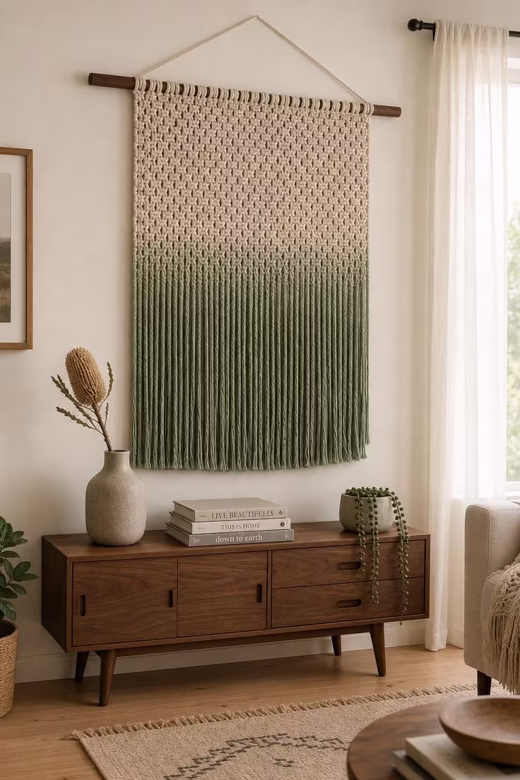 Wide shot of a dip-dyed sage and cream macrame tapestry above a walnut console table with stoneware vase and trailing plant in soft diffused light.