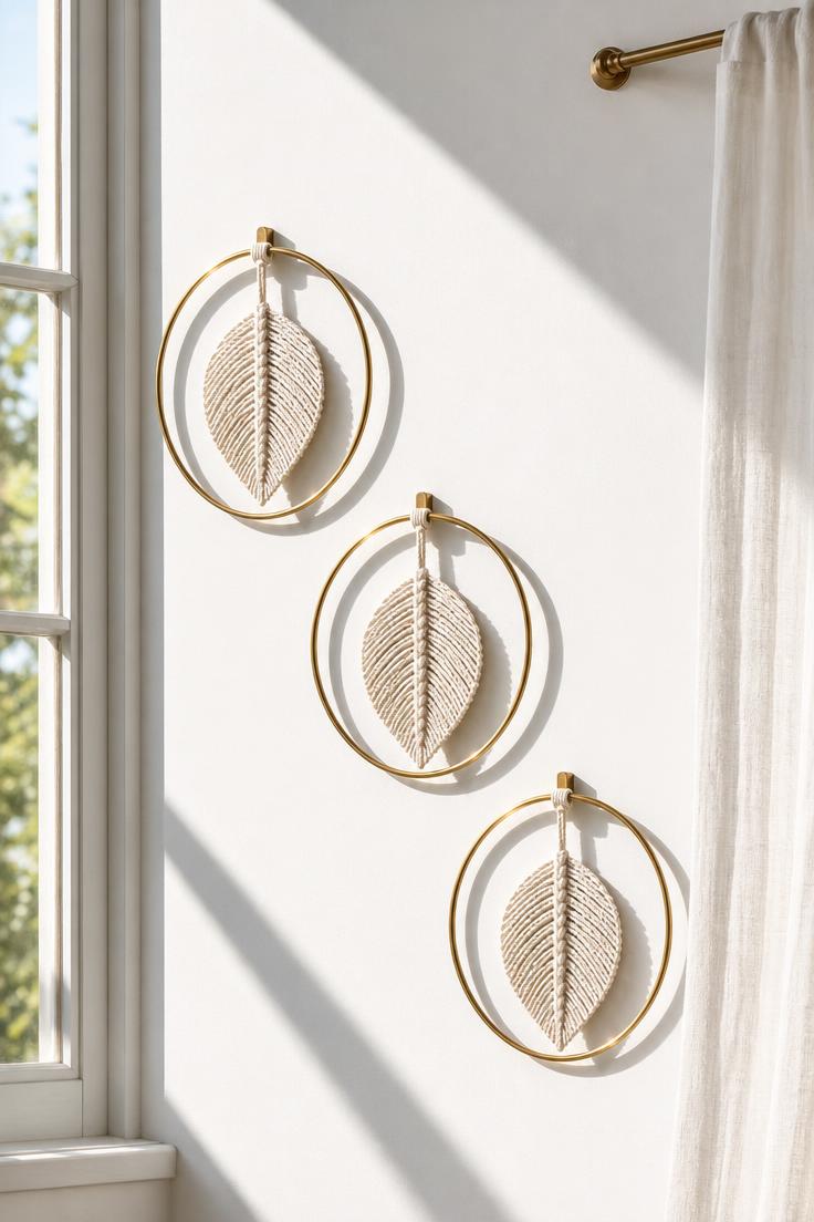 Overhead-angled view of three small leaf-shaped micro-macrame pieces on brass hoops arranged diagonally on a white wall in bright midday light.