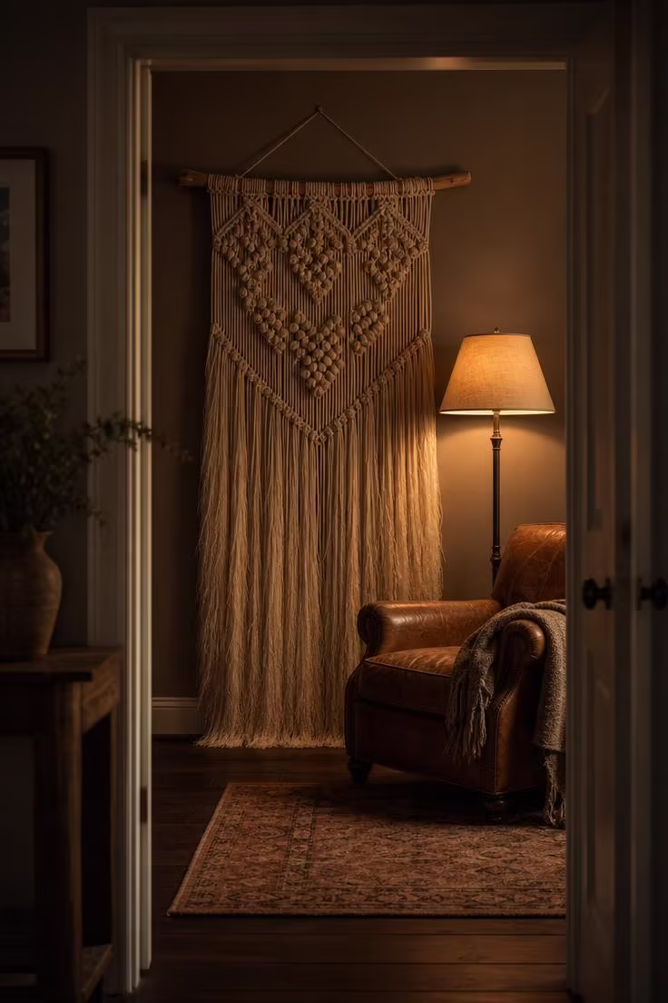 Doorway perspective of a floor-length macrame wall hanging with berry knots and feathered fringe in a moody low-lit sitting area with a leather armchair.