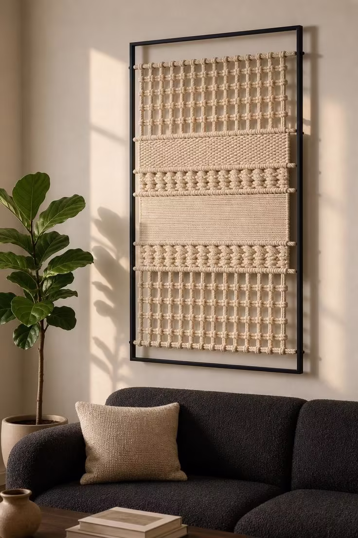 Eye-level view of a modern woven and knotted cotton rope macrame piece on a matte black metal frame in a living room with warm golden afternoon light.