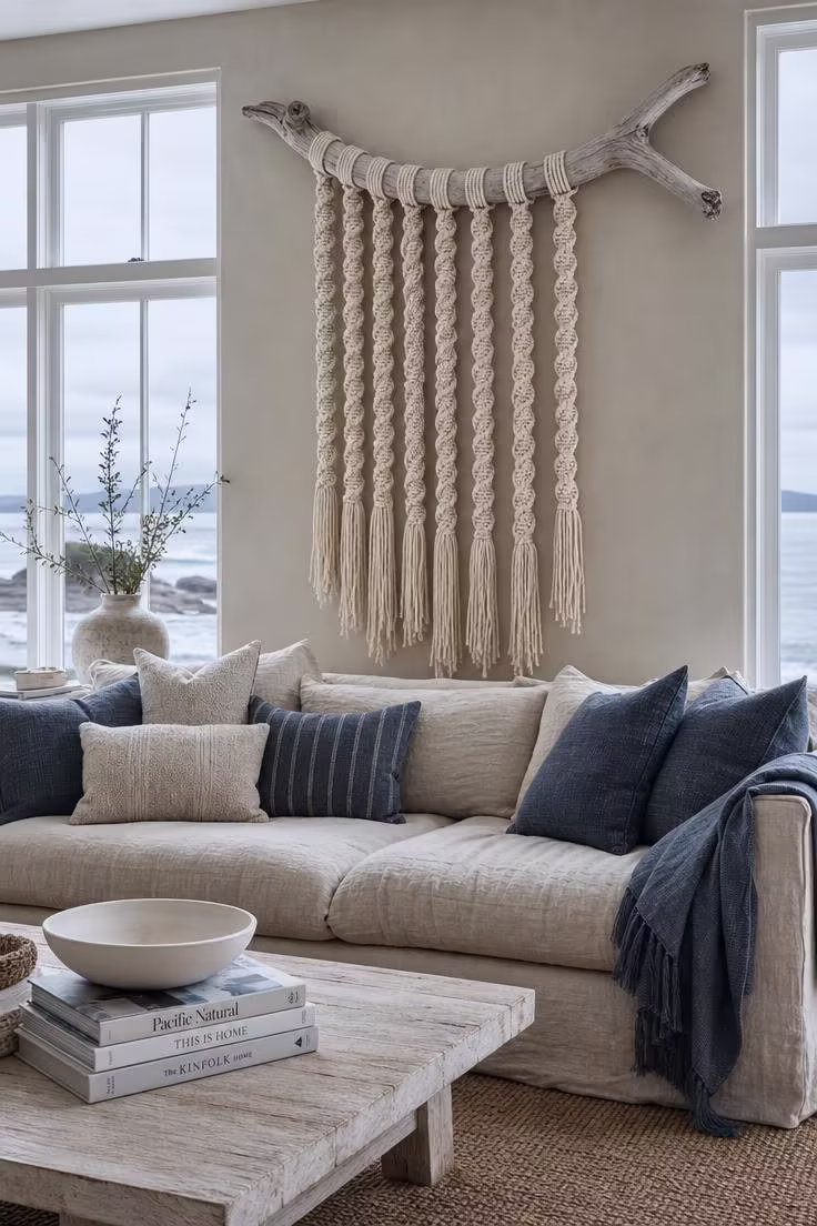 Wide shot of an oversized driftwood macrame wall hanging with spiral fringe above a linen sofa in a coastal living room with cool overcast morning light.