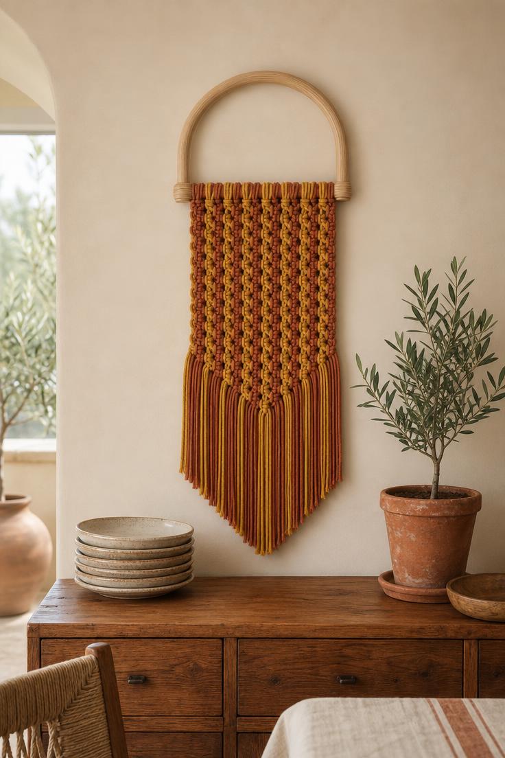 Eye-level view of a mustard and terracotta double-cord macrame wall hanging on an arched ash dowel above a dining room sideboard in soft diffused light.