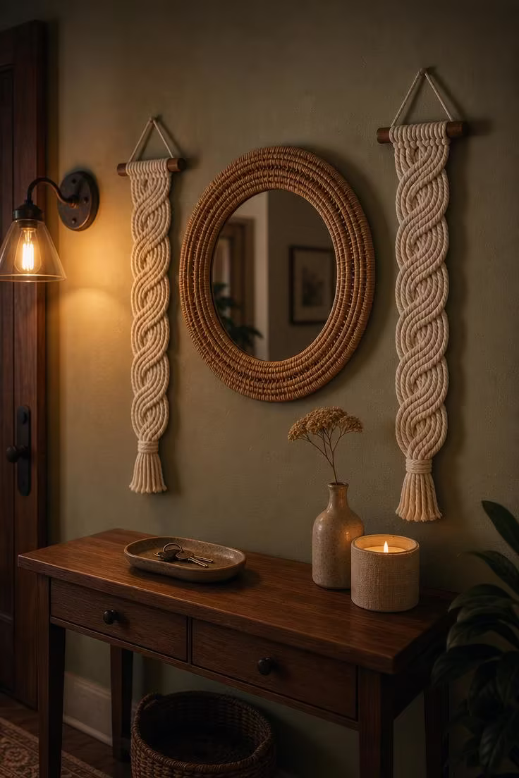 Wide shot of two vertical macrame spiral half-knot panels flanking a round rattan mirror in a sage green entryway with moody low wall-sconce light.