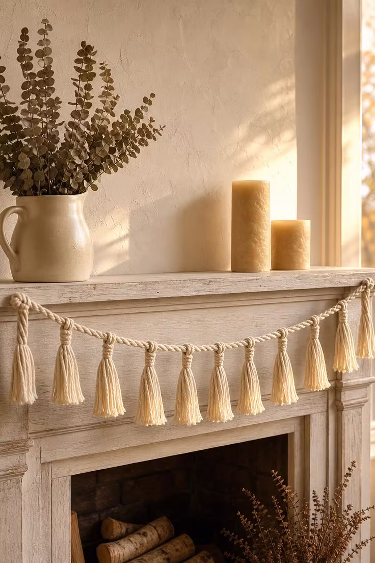 Eye-level view of a gathering-knot cotton rope macrame garland draped across a whitewashed mantel with dried eucalyptus and beeswax candle holders in warm golden light.