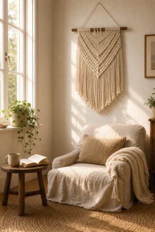 A cozy living room corner with a cream cotton rope macrame wall hanging above a linen armchair, bathed in soft golden afternoon light with a woven jute rug and stoneware mug nearby.