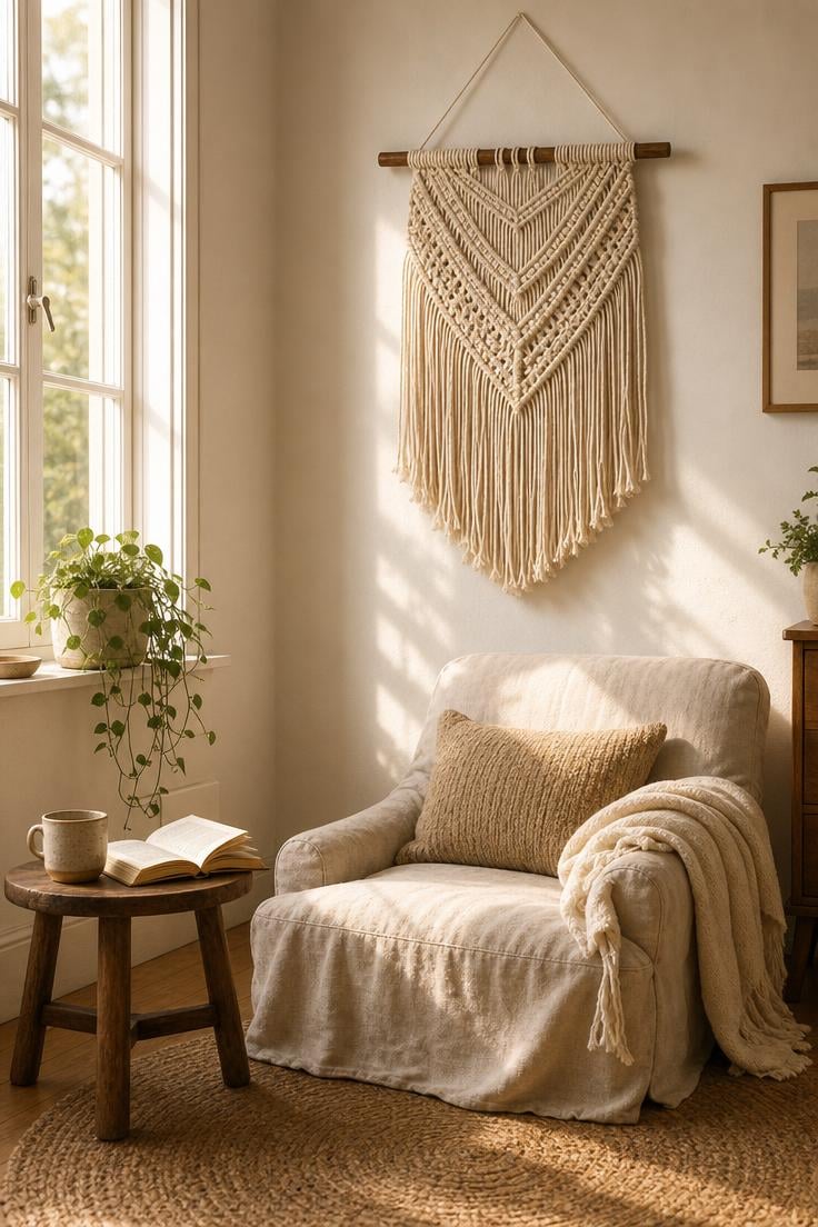 Simple Spaces 14 A cozy living room corner with a cream cotton rope macrame wall hanging above a linen armchair, bathed in soft golden afternoon light with a woven jute rug and stoneware mug nearby.