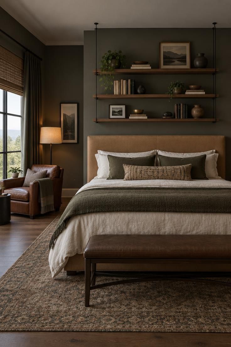11 Man Cave Bedroom Ideas for a Room That Feels Like Yours 1 Black steel cables suspend three narrow walnut shelves above a king bed with an upholstered tan headboard in a low-light bedroom.