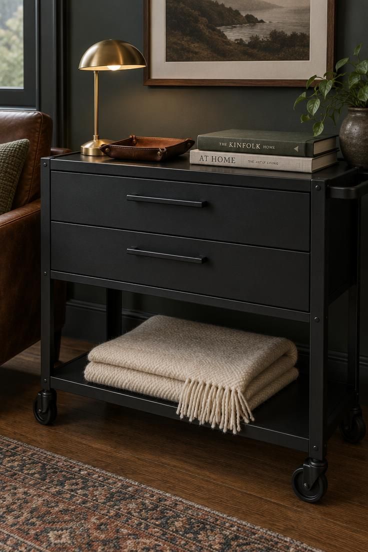 11 Man Cave Bedroom Ideas for a Room That Feels Like Yours 2 A matte black metal tool cart beside a bed, topped with a brass reading lamp, a leather tray, and two books, with a cream wool throw folded on the lower shelf.