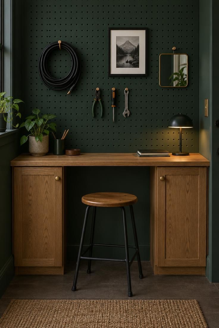 11 Man Cave Bedroom Ideas for a Room That Feels Like Yours 3 Deep green pegboard wall above a narrow oak workbench desk, with coiled cable, hand tools, a framed photo, and a small mirror on display.
