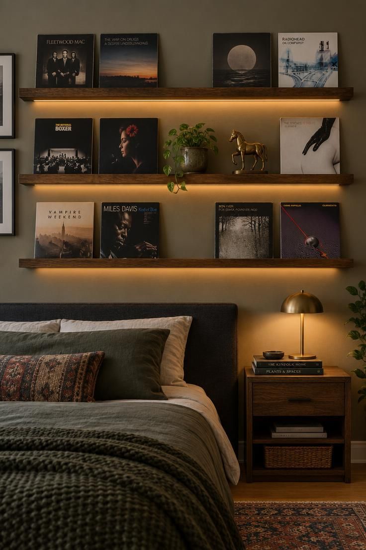 11 Man Cave Bedroom Ideas for a Room That Feels Like Yours 4 Three stained oak floating shelves backlit with warm LED strips, holding twelve vinyl records, a small potted plant, and a brass horse figurine against a dark wall.