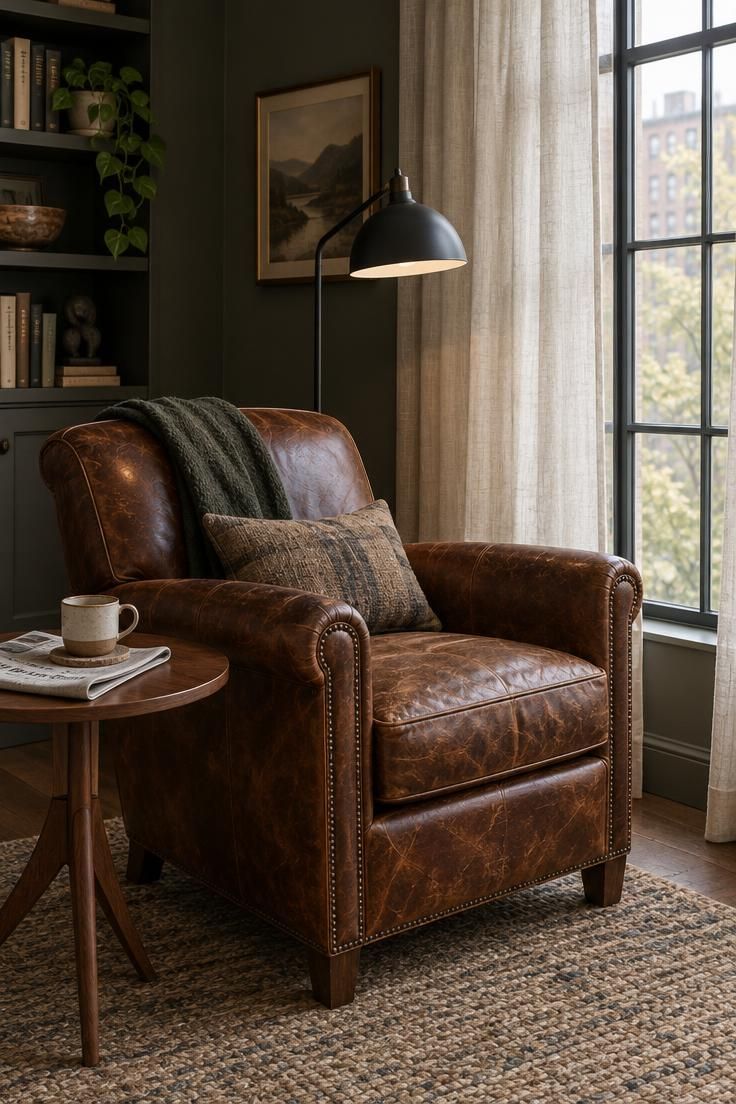 11 Man Cave Bedroom Ideas for a Room That Feels Like Yours 5 Worn brown leather club chair angled toward a tall window with sheer linen curtains, with a black metal floor lamp behind it and a small round walnut side table holding a mug and newspaper.