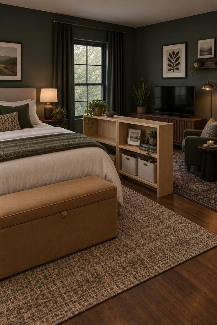 11 Man Cave Bedroom Ideas for a Room That Feels Like Yours 6 A low blond wood open shelf unit placed perpendicular to a bed, dividing the sleeping area from a media corner, with fabric bins on one side and books on the other, plus a tan storage bench at the foot of the bed.