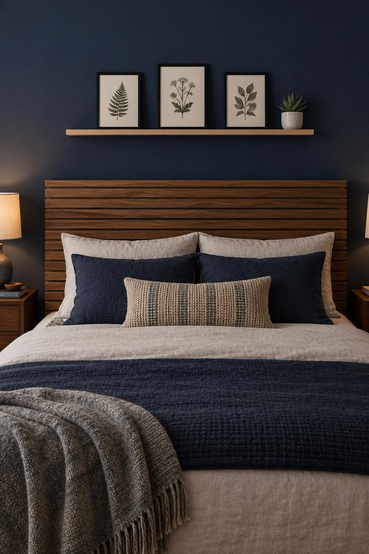 11 Man Cave Bedroom Ideas for a Room That Feels Like Yours 7 A bed with a walnut slat headboard against a matte navy wall, with three framed botanical prints and a small succulent on a picture ledge above.