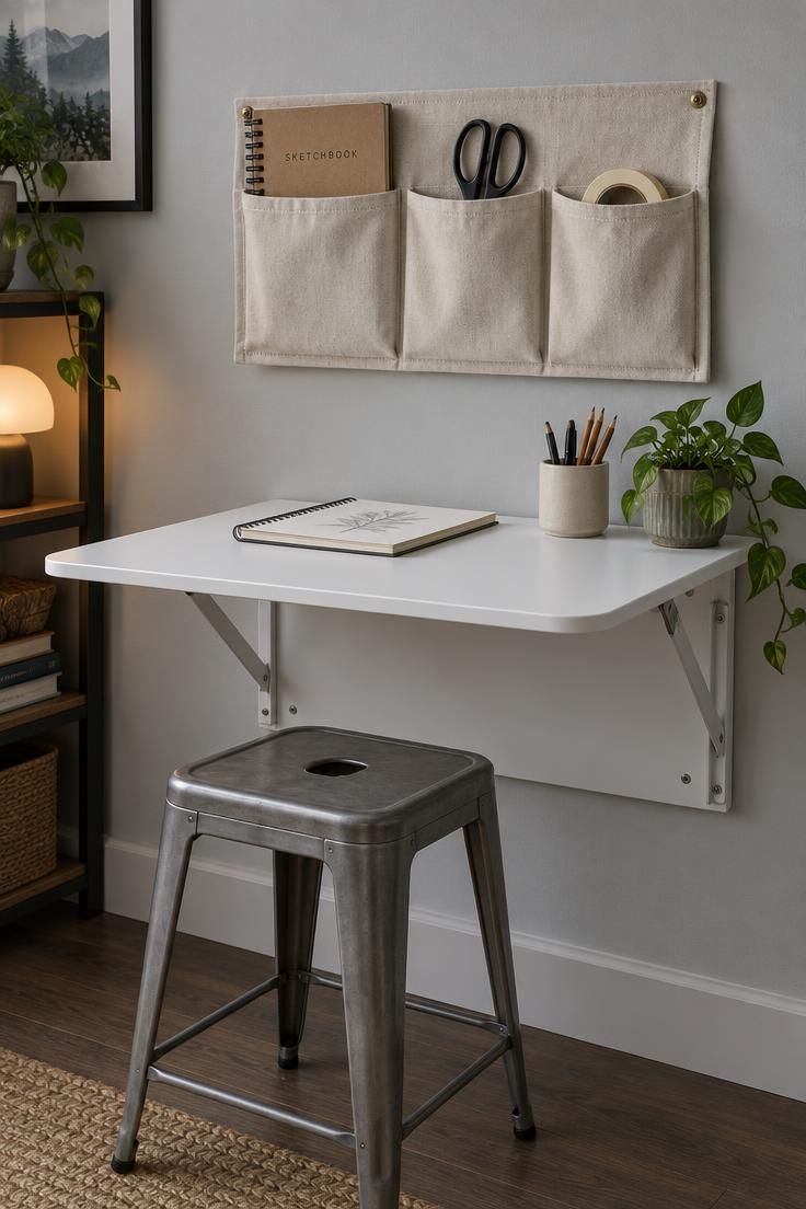 11 Man Cave Bedroom Ideas for a Room That Feels Like Yours 8 A white fold-down table partly open against a pale gray wall, with a wall organizer above it holding a sketchbook, scissors, and tape.