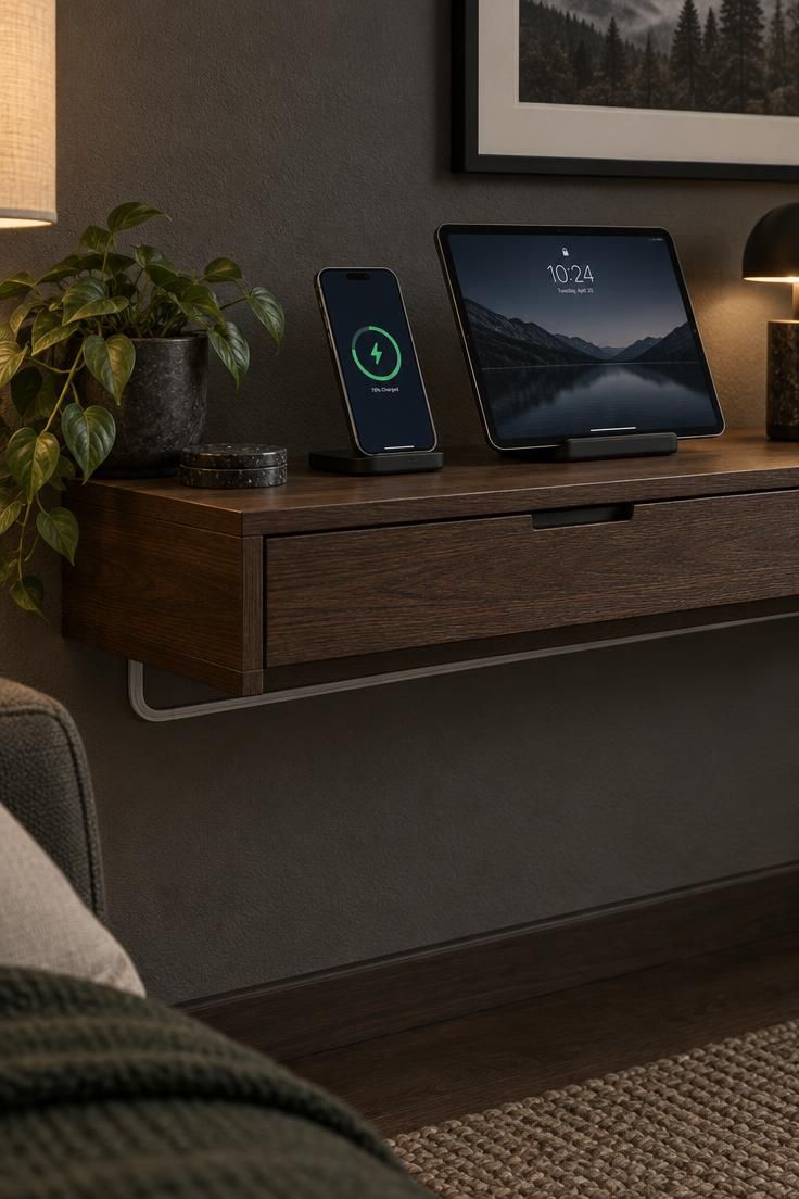 11 Man Cave Bedroom Ideas for a Room That Feels Like Yours 10 A close-up of a dark oak wall-mounted shelf with a shallow drawer, two black charging stands holding a phone and tablet, and a white cable channel running underneath.