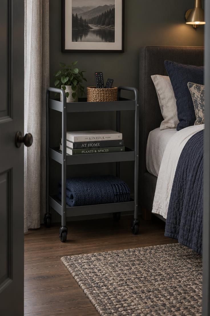 11 Man Cave Bedroom Ideas for a Room That Feels Like Yours 11 Dark gray three-shelf utility cart on wheels beside a bed, with a woven remote basket on top, a book stack, and a folded navy throw on the middle shelf.