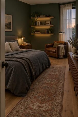 Cozy bedroom at dusk with a charcoal duvet on a queen bed against a deep green wall, a walnut nightstand with a warm brass lamp, a brown leather club chair angled toward a low media console, oak shelves with books and a plant, sheer linen curtains, and a faded Persian runner on wide-plank oak flooring.