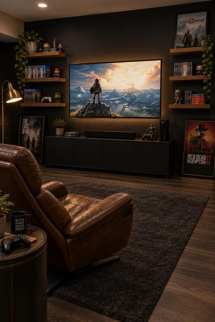 11 Cozy Man Cave Gaming Room Ideas for Solo Nights In 1 Basement gaming corner with a matte black feature wall, wood floating shelves holding games and figurines, a black closed console, brown leather chair, and charcoal rug under warm low light.