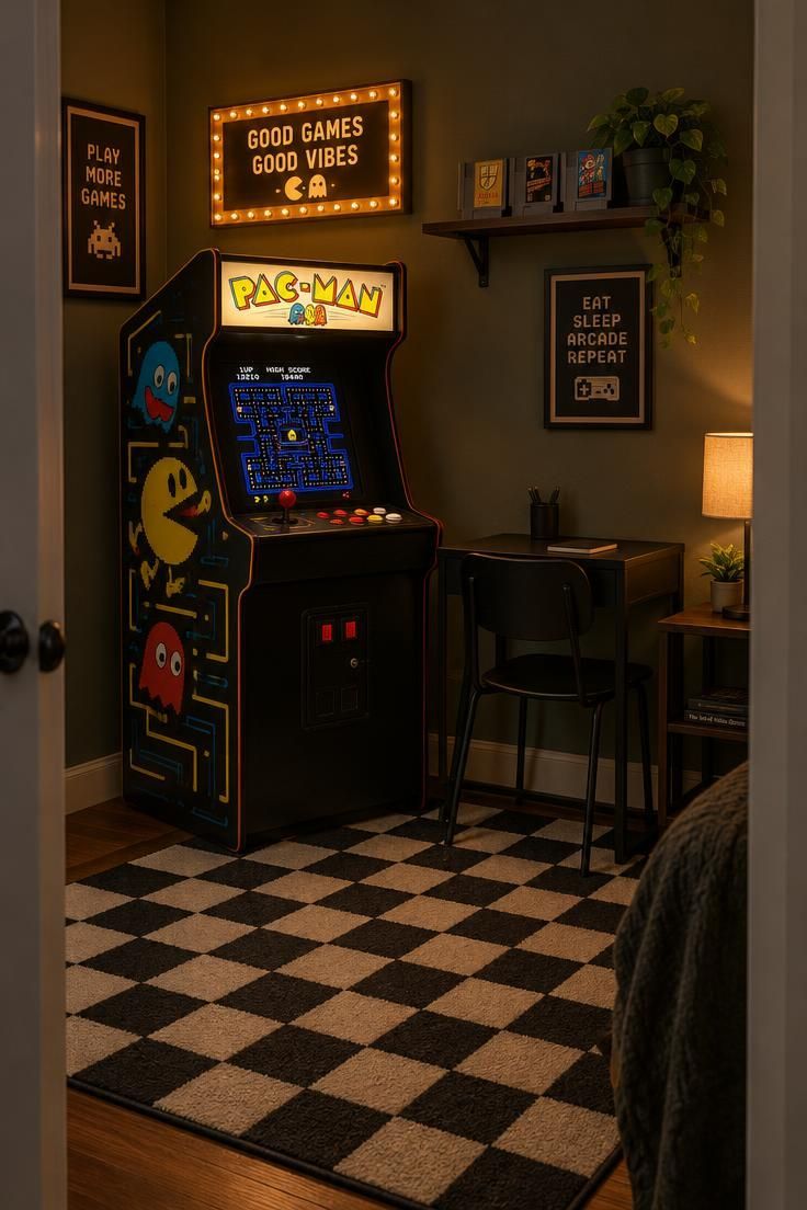 11 Cozy Man Cave Gaming Room Ideas for Solo Nights In 2 Spare bedroom corner with a compact arcade cabinet, black and cream checkerboard rug, glowing marquee sign, small black desk and chair, and cartridge shelf under warm lamp light.
