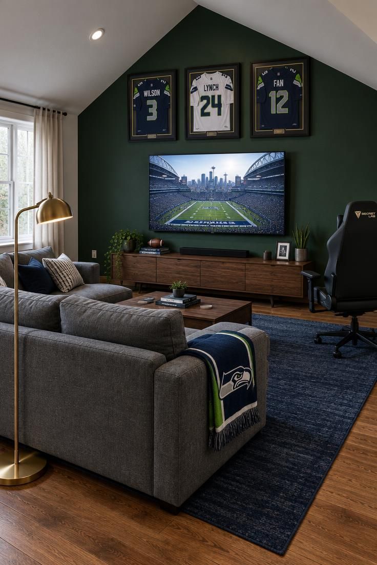 11 Cozy Man Cave Gaming Room Ideas for Solo Nights In 3 Bonus room with a deep green wall, three framed jerseys above a wall-mounted TV, gray sectional, black gaming chair, walnut console, brass floor lamp, and navy rug in soft daylight.