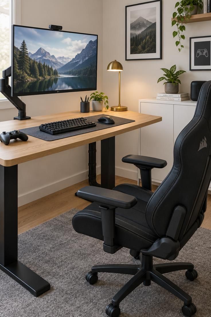 11 Cozy Man Cave Gaming Room Ideas for Solo Nights In 4 Light oak desk against a warm white wall with a single monitor on a black arm, black gaming chair, white closed cabinet, brass task lamp, and gray rug in bright daylight.