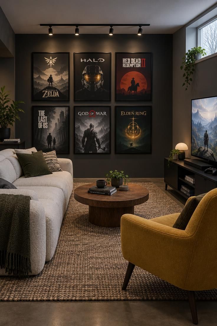 11 Cozy Man Cave Gaming Room Ideas for Solo Nights In 5 Basement lounge with a grid of six framed black posters on a long wall, ivory sofa, round wood coffee table, mustard armchair, and small TV on a black console under track light.