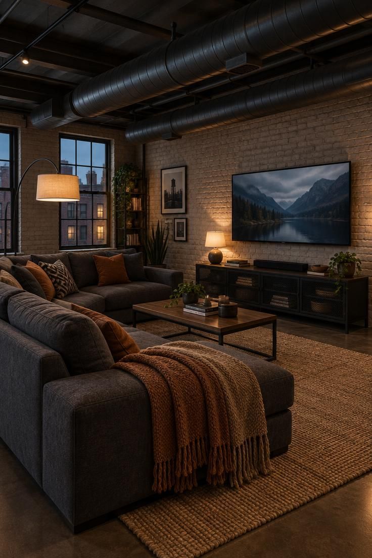 11 Cozy Man Cave Gaming Room Ideas for Solo Nights In 6 Converted garage loft with exposed steel ductwork, painted brick walls, charcoal sectional facing a wall-mounted TV, black metal console, jute rug, and warm lamps.