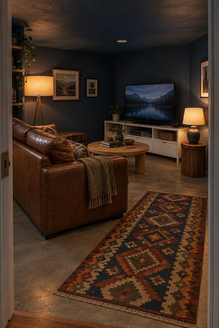 11 Cozy Man Cave Gaming Room Ideas for Solo Nights In 7 Low-ceiling basement with dark blue walls and ceiling, brown leather sofa facing a TV on a white bench, oak coffee table, floor lamp, side table lamp, and kilim runner.