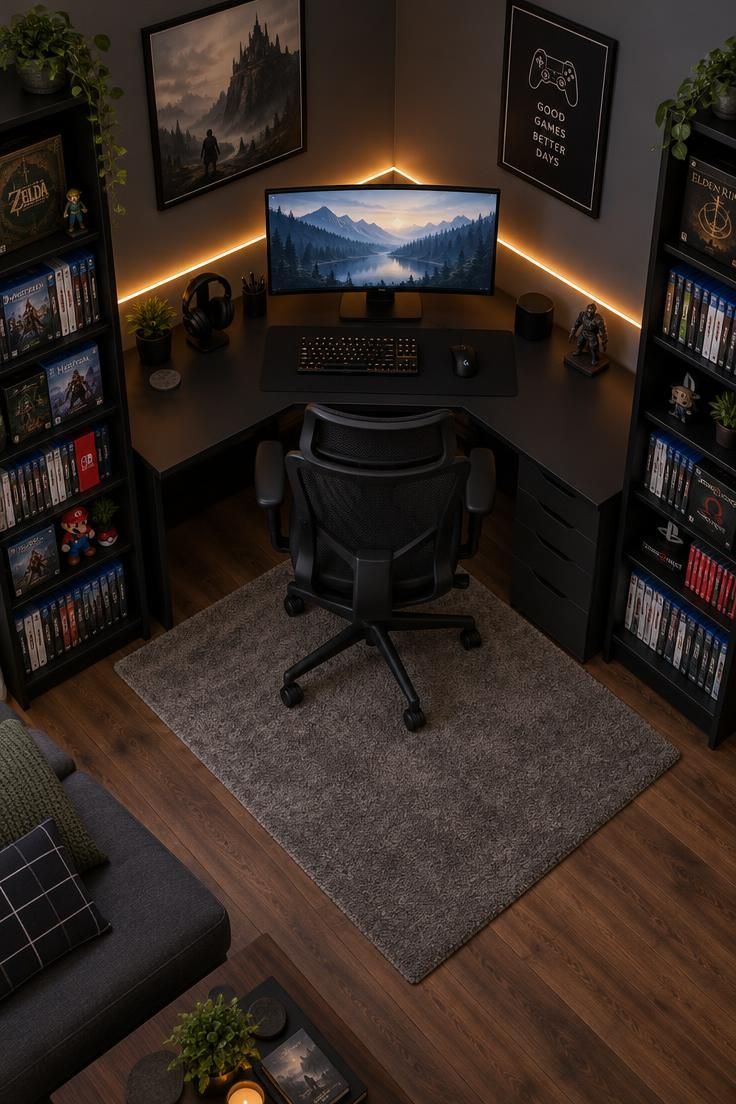 11 Cozy Man Cave Gaming Room Ideas for Solo Nights In 8 Overhead view of a black L-shaped corner desk with a single monitor, mesh chair, two tall narrow bookshelves of game boxes, gray rug, and a warm LED strip on the wall.