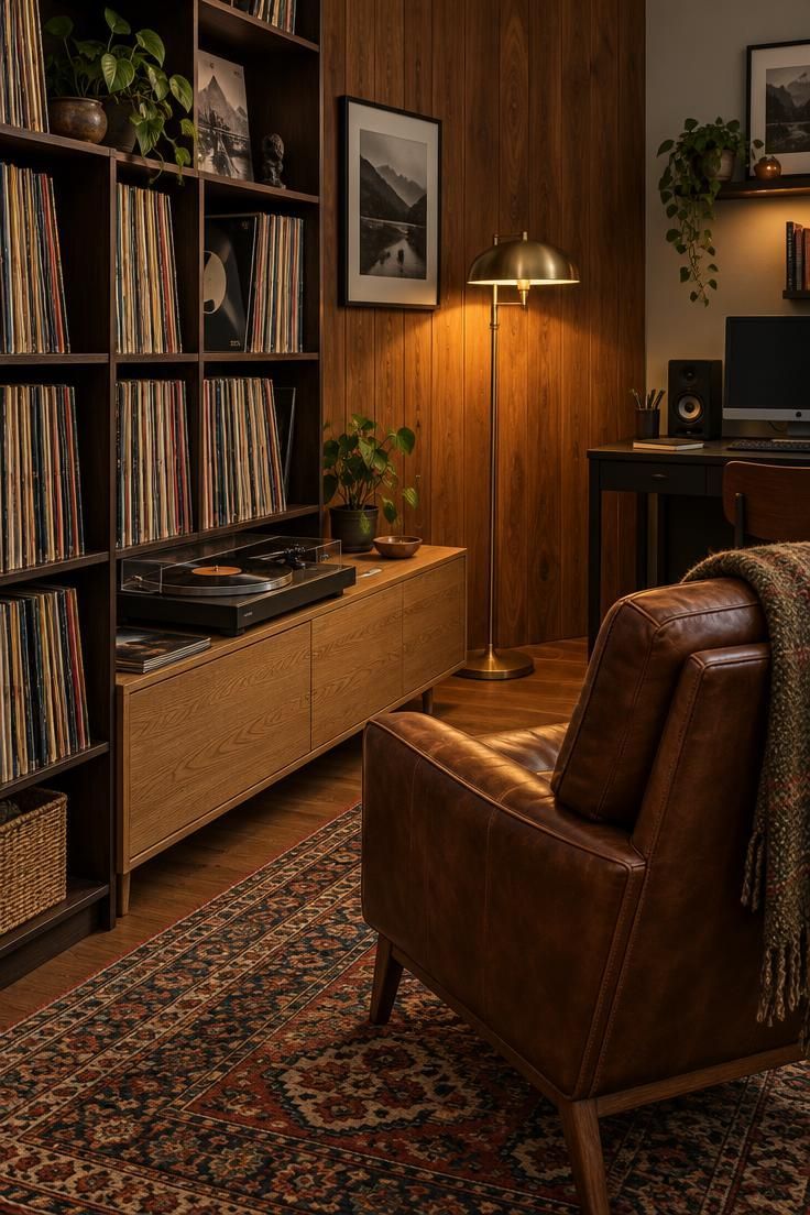 11 Cozy Man Cave Gaming Room Ideas for Solo Nights In 10 Room with warm wood paneling, dark record shelves, turntable on an oak cabinet, brown leather armchair, small black gaming desk in the corner, patterned wool rug, and brass lamp.
