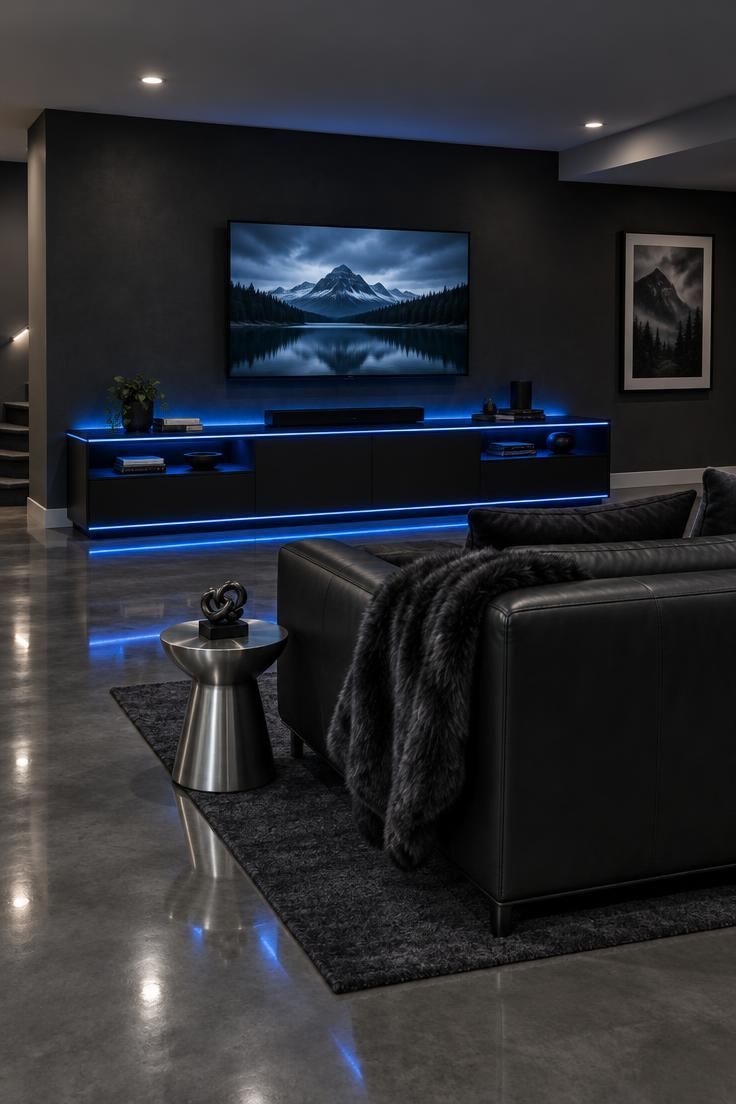 11 Cozy Man Cave Gaming Room Ideas for Solo Nights In 11 Basement gaming room with dark charcoal wall, wall-mounted TV over a black console, blue LED strips along the edges, black leather sofa, glossy floor, silver side table, and framed art.