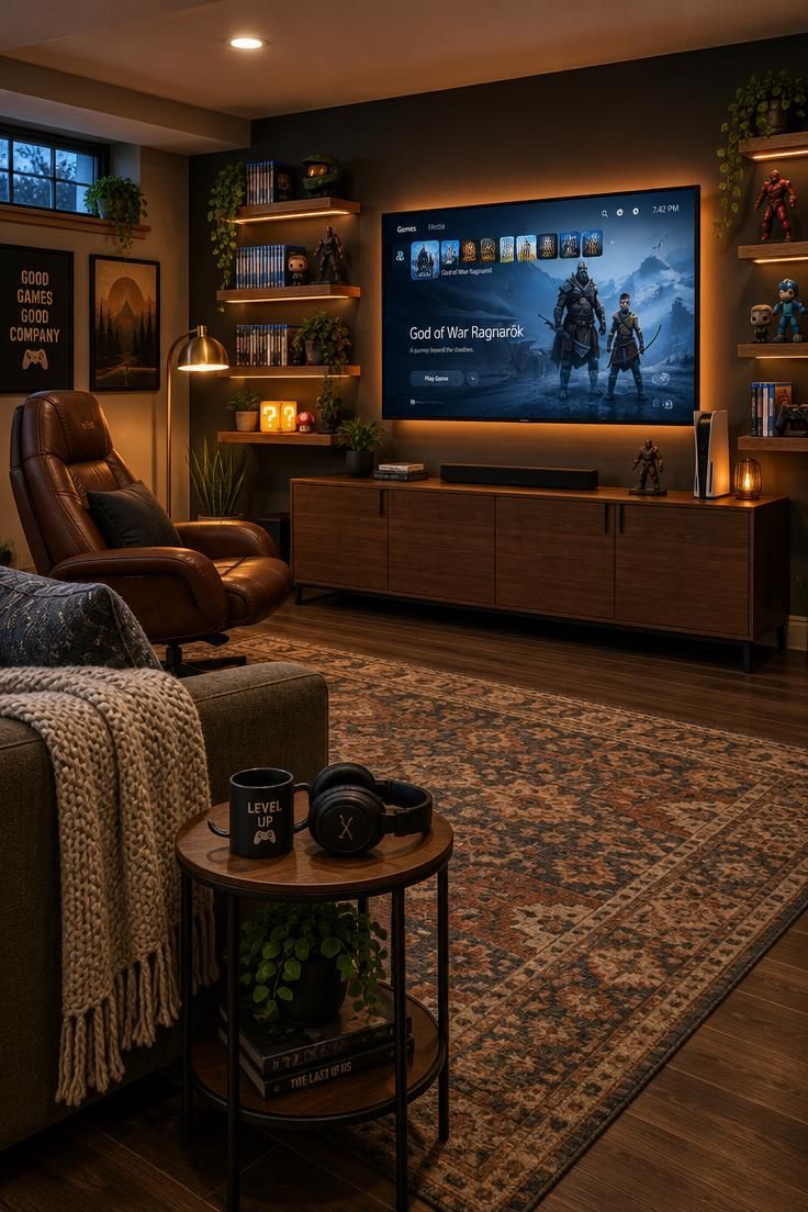 Simple Spaces 26 Cozy basement gaming room with a charcoal TV wall, wood shelves of games and figurines, leather chair and small sofa with a throw, low console, patterned rug, and warm lamp and screen glow.