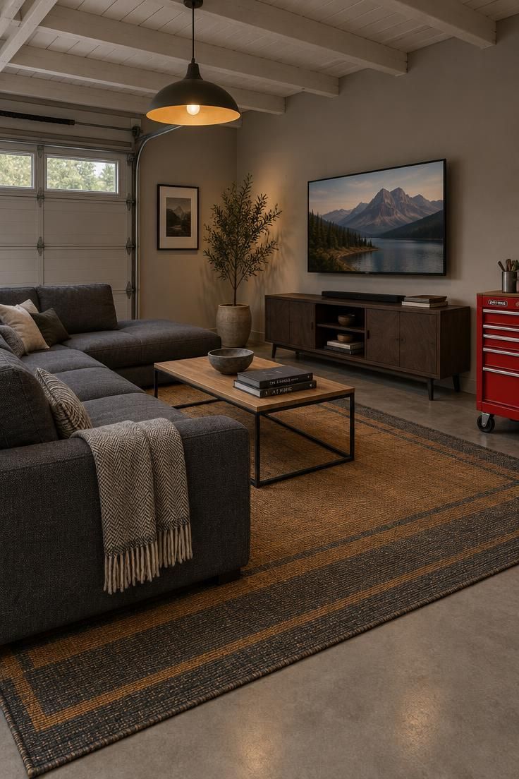 Garage corner lounge with a warm ochre and charcoal flat-weave rug, charcoal sectional, black metal coffee table, wall-mounted television, media console, white-painted ceiling, warm pendant light, and a rolling tool chest outside the rug boundary.