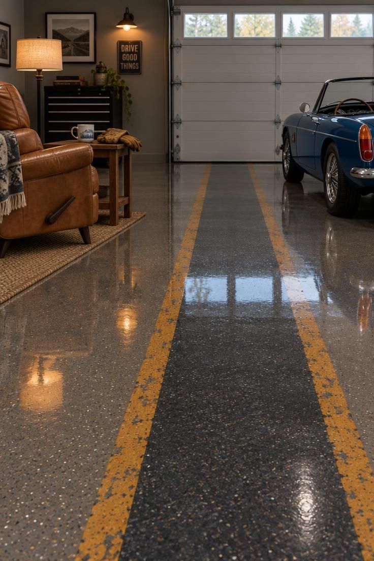 Overhead view of a garage floor with warm gray epoxy coating and metallic flake, a charcoal and amber parking stripe, a small blue convertible, and a nearby leather recliner with a wooden side table under a wall-mounted lamp.