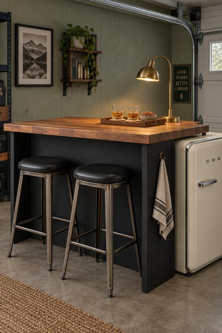 Close-up of a freestanding garage bar counter with a butcher-block top, matte black steel base, two backless stools, cream retro mini-fridge, brass gooseneck lamp, wooden tray with glasses, and sage-painted plywood wall behind.